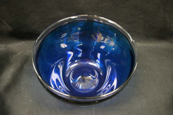 Large blue glass bowl after repair