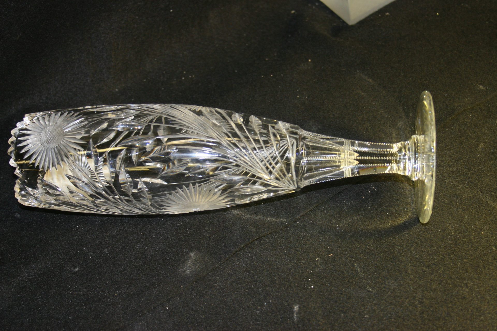 Antique crystal vase with broken foot and stains "sick glass" Bruening Glass Works