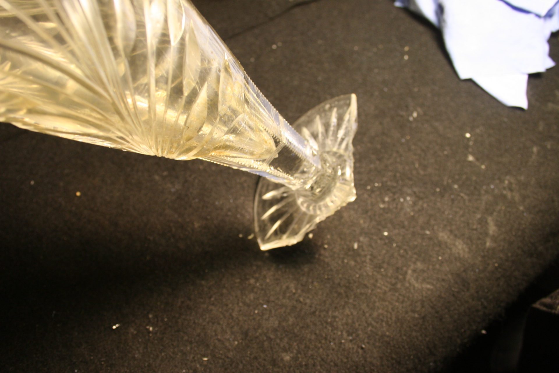 Antique crystal vase with broken foot and stains "sick glass