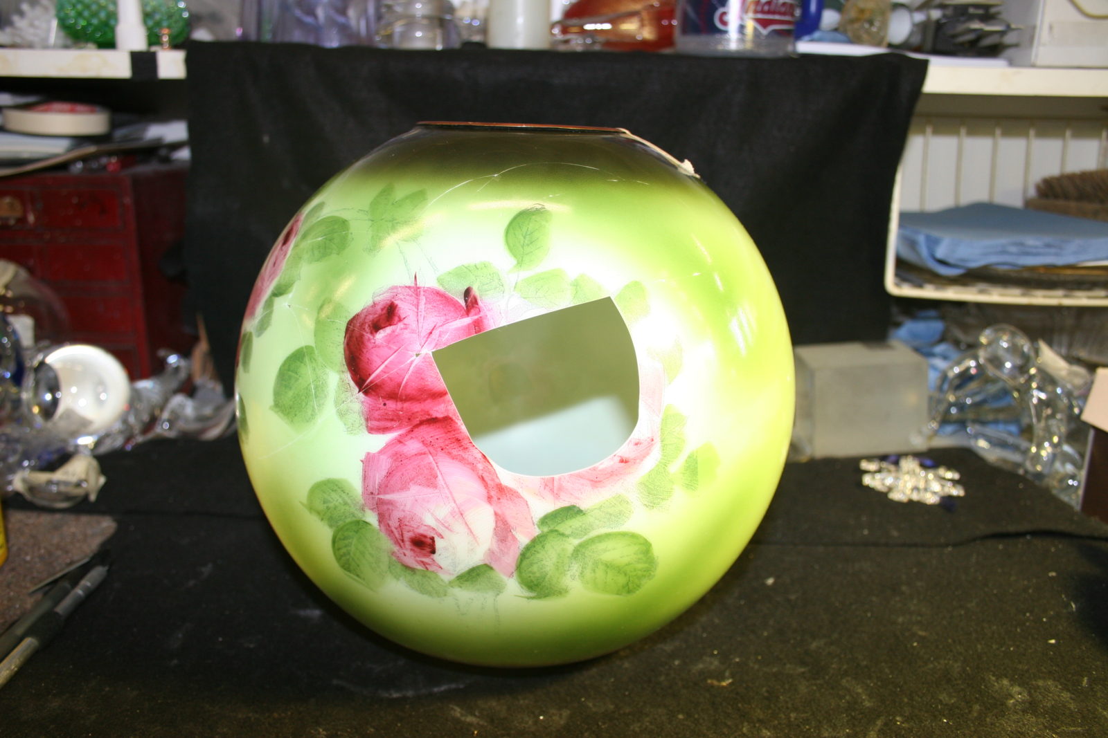 Antique glass globe repair painted lamp restoration Bruening Glass Works